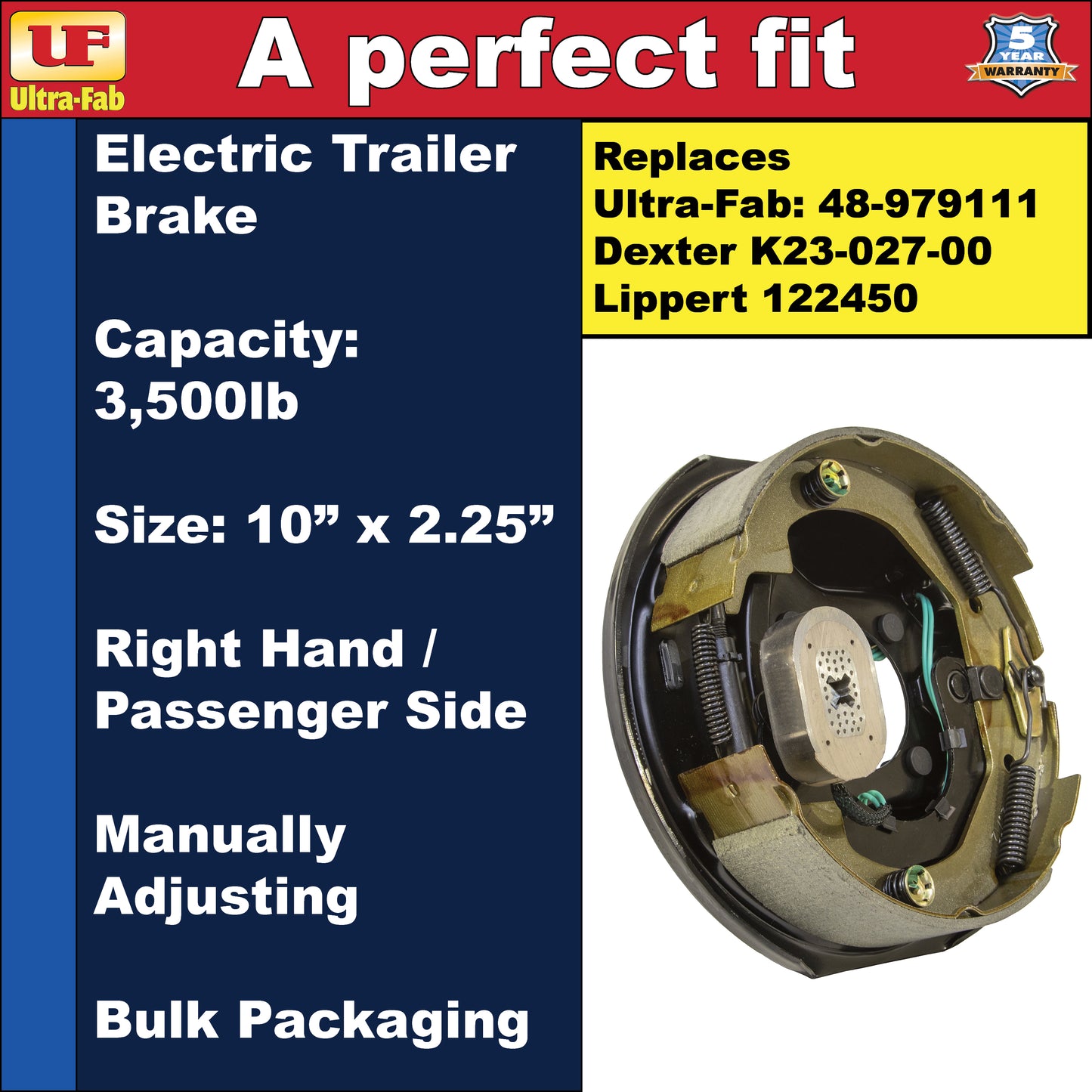 Ultra-Fab Manual-Adjusting Trailer Brake Assembly – 10" x 2.25", 3,500 lb, Right Hand (Passenger Side), Bulk (48-979111)