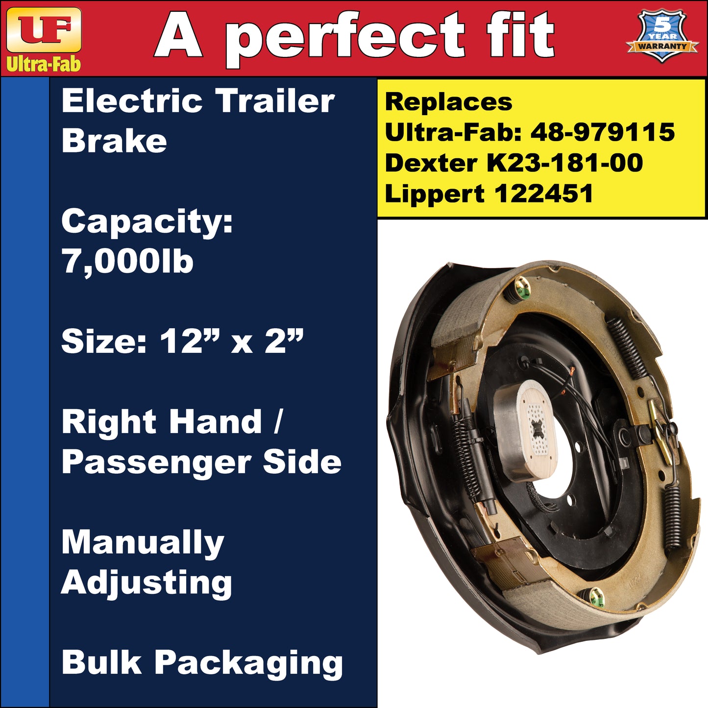 Ultra-Fab Manual-Adjusting Trailer Brake Assembly – 12" x 2", 7,000 lb, Right Hand (Passenger Side), Bulk (48-979115)