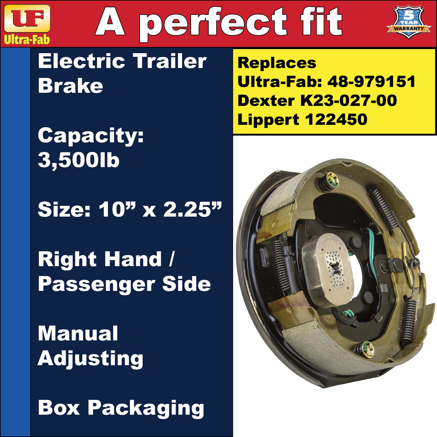 Ultra-Fab Manual-Adjusting Trailer Brake Assembly – 10" x 2.25", 3,500 lb, Right Hand (Passenger Side), Boxed (48-979151)