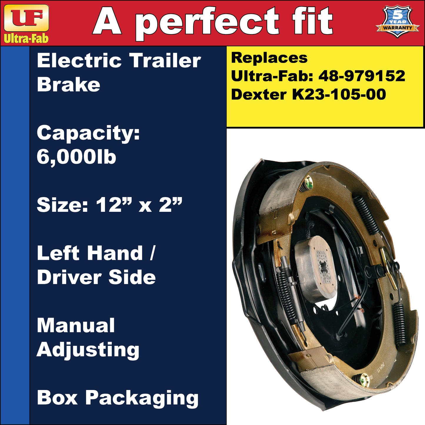Ultra-Fab Manual-Adjusting Trailer Brake Assembly – 12" x 2", 6,000 lb, Left Hand (Driver Side), Boxed (48-979152)