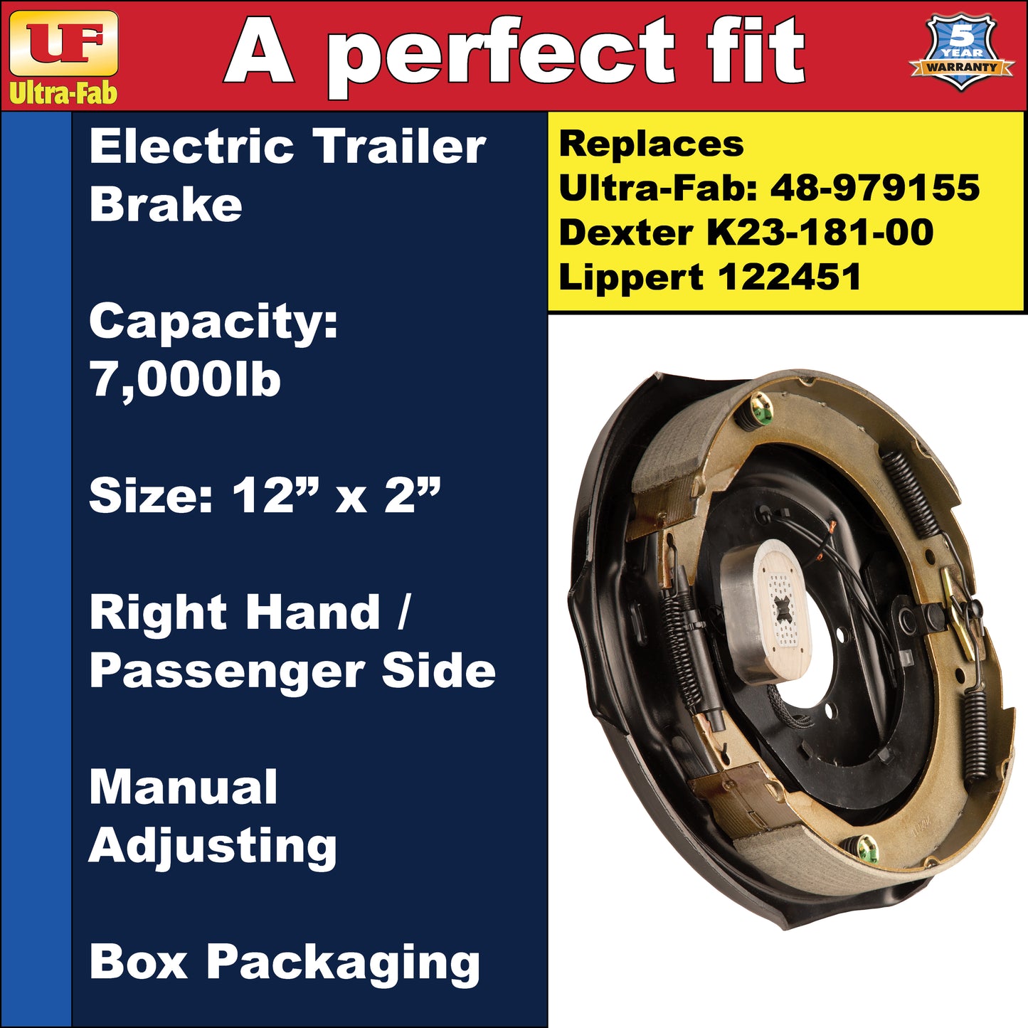 Ultra-Fab Manual-Adjusting Trailer Brake Assembly – 12" x 2", 7,000 lb, Right Hand (Passenger Side), Boxed (48-979155)
