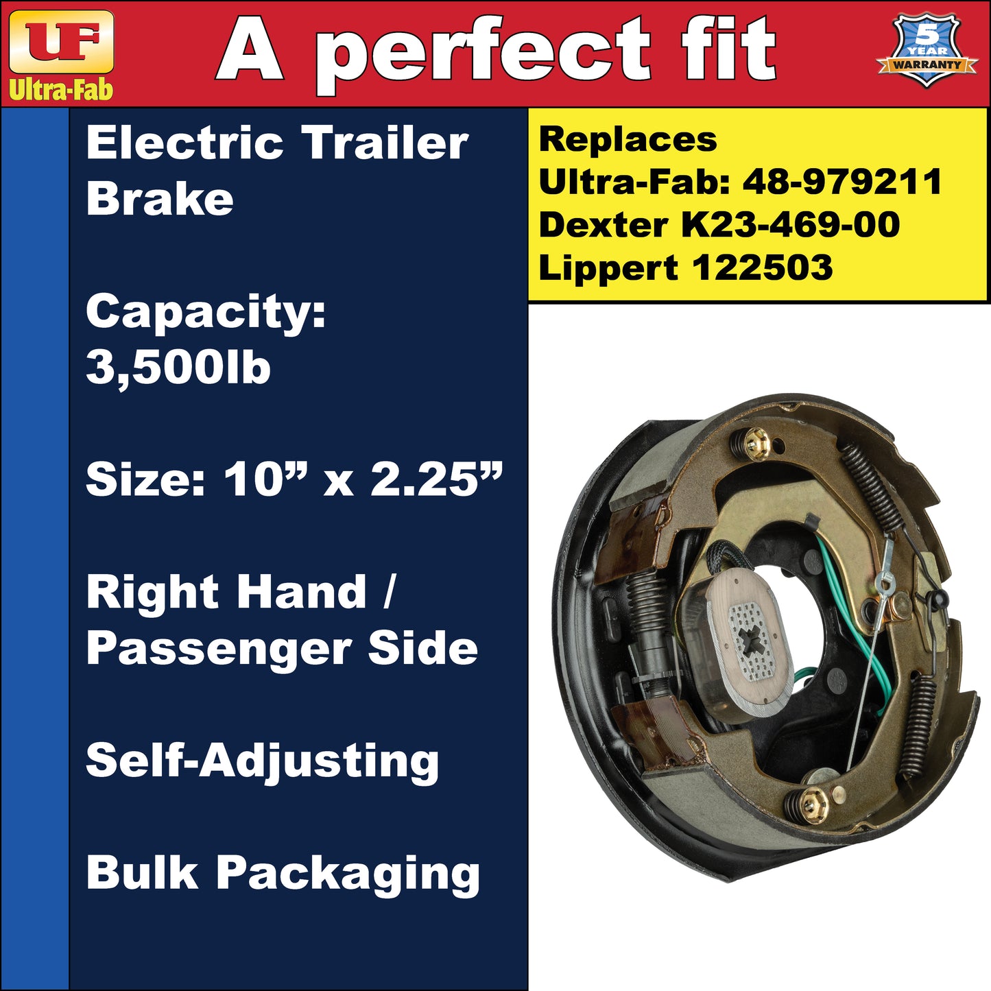 Ultra-Fab Self-Adjusting Trailer Brake Assembly – 10" x 2.25", 3,500 lb, Right Hand (Passenger Side), Bulk (48-979211)