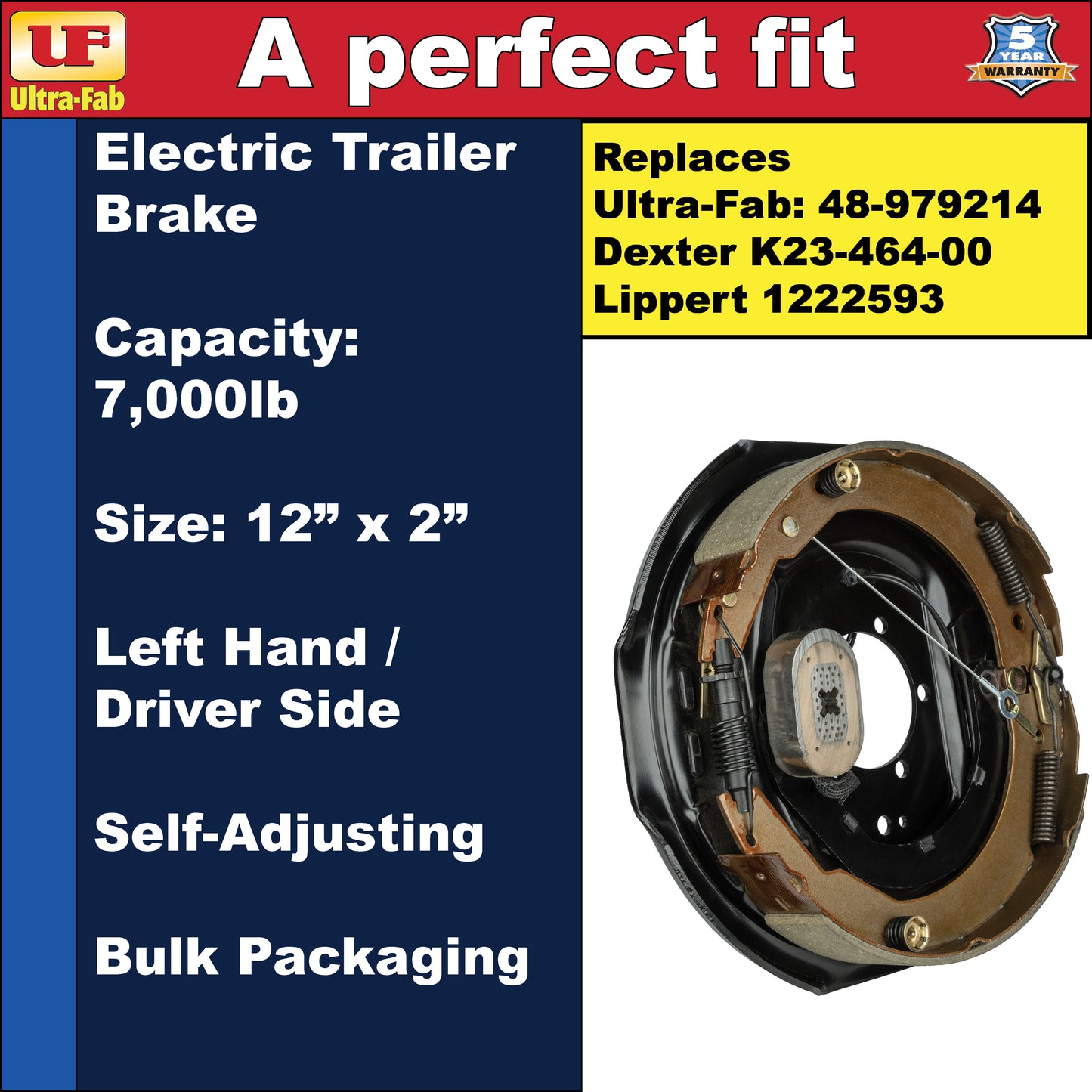 Ultra-Fab Self-Adjusting Trailer Brake Assembly – 12" x 2", 7,000 lb, Left Hand (Driver Side), Bulk (48-979214)