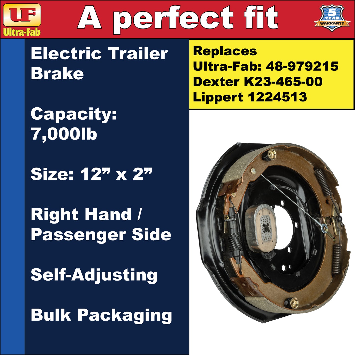 Ultra-Fab Self-Adjusting Trailer Brake Assembly – 12" x 2", 7,000 lb, Right Hand (Passenger Side), Bulk (48-979215)