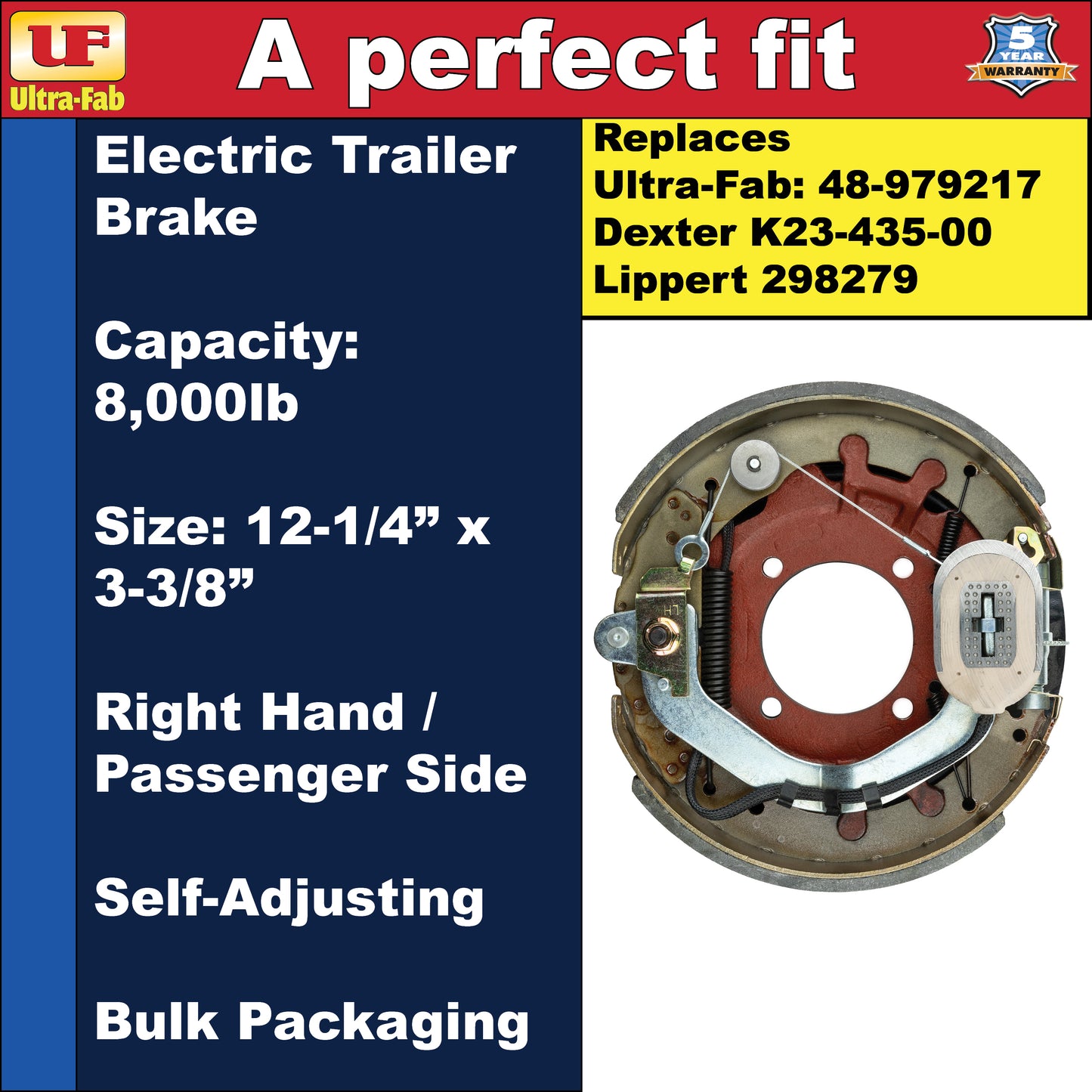 Ultra-Fab Self-Adjusting Trailer Brake Assembly – 12-1/4" x 3-3/8", 8,000 lb, Right Hand (Passenger Side), Bulk (48-979217)