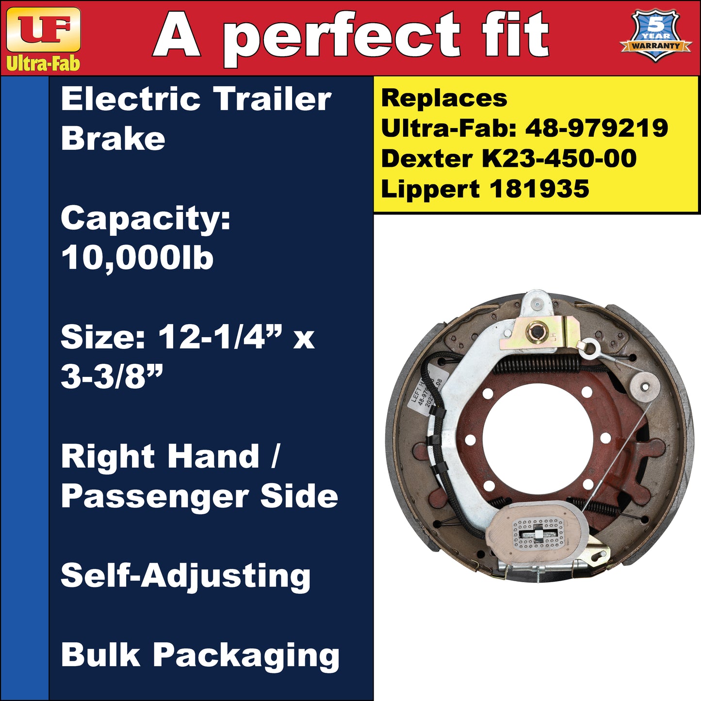 Ultra-Fab Self-Adjusting Trailer Brake Assembly – 12-1/4" x 3-3/8", 10,000 lb, Right Hand (Passenger Side), Bulk (48-979219)