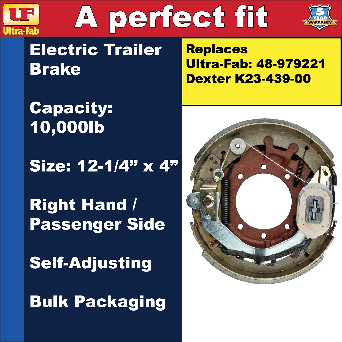 Ultra-Fab Self-Adjusting Trailer Brake Assembly – 12-1/4" x 4", 10,000 lb, Right Hand (Passenger Side), Bulk (48-979221)