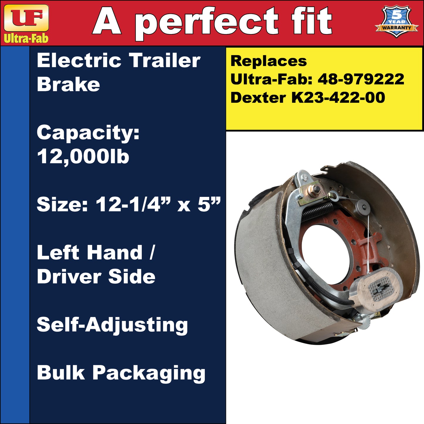 Ultra-Fab Self-Adjusting Trailer Brake Assembly – 12-1/4" x 5", 12,000 lb, Left Hand (Driver Side), Bulk (48-979222)