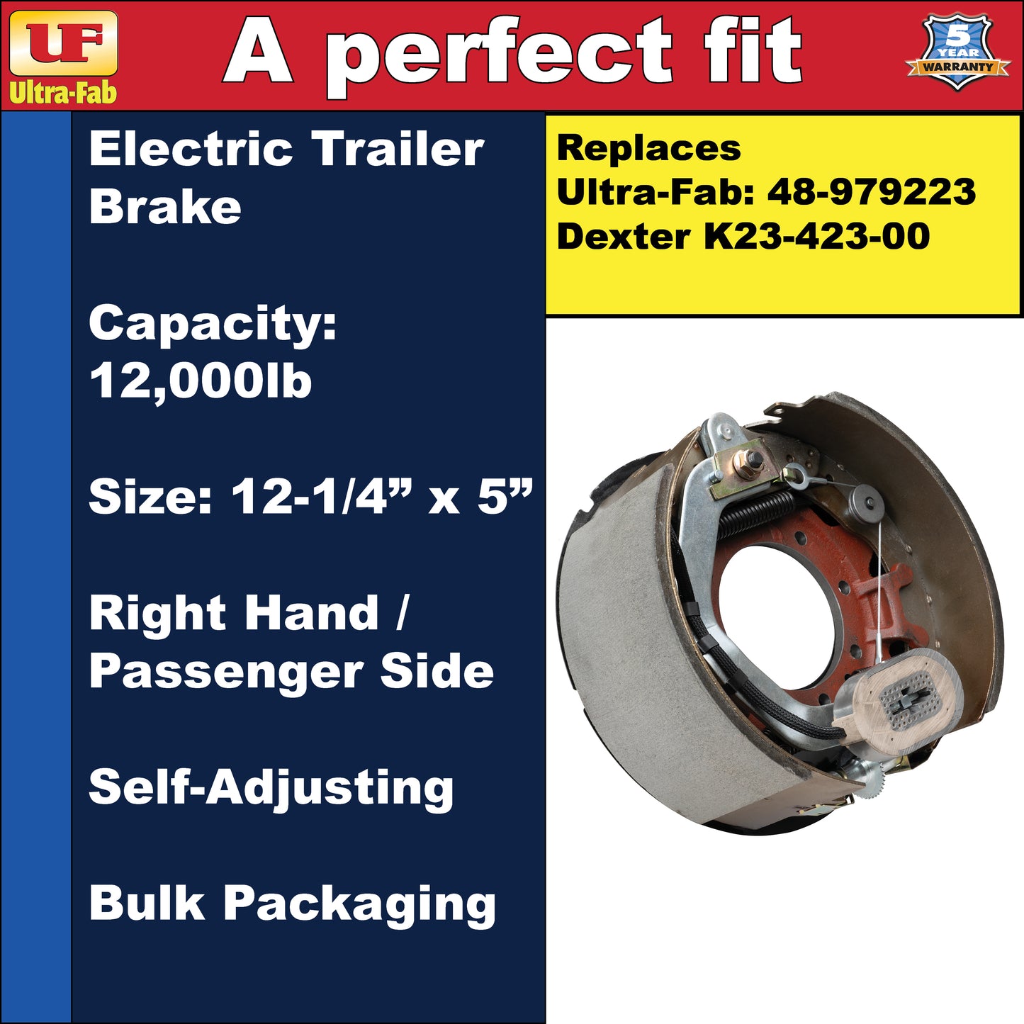 Ultra-Fab Self-Adjusting Trailer Brake Assembly – 12-1/4" x 5", 12,000 lb, Right Hand (Passenger Side), Bulk (48-979223)