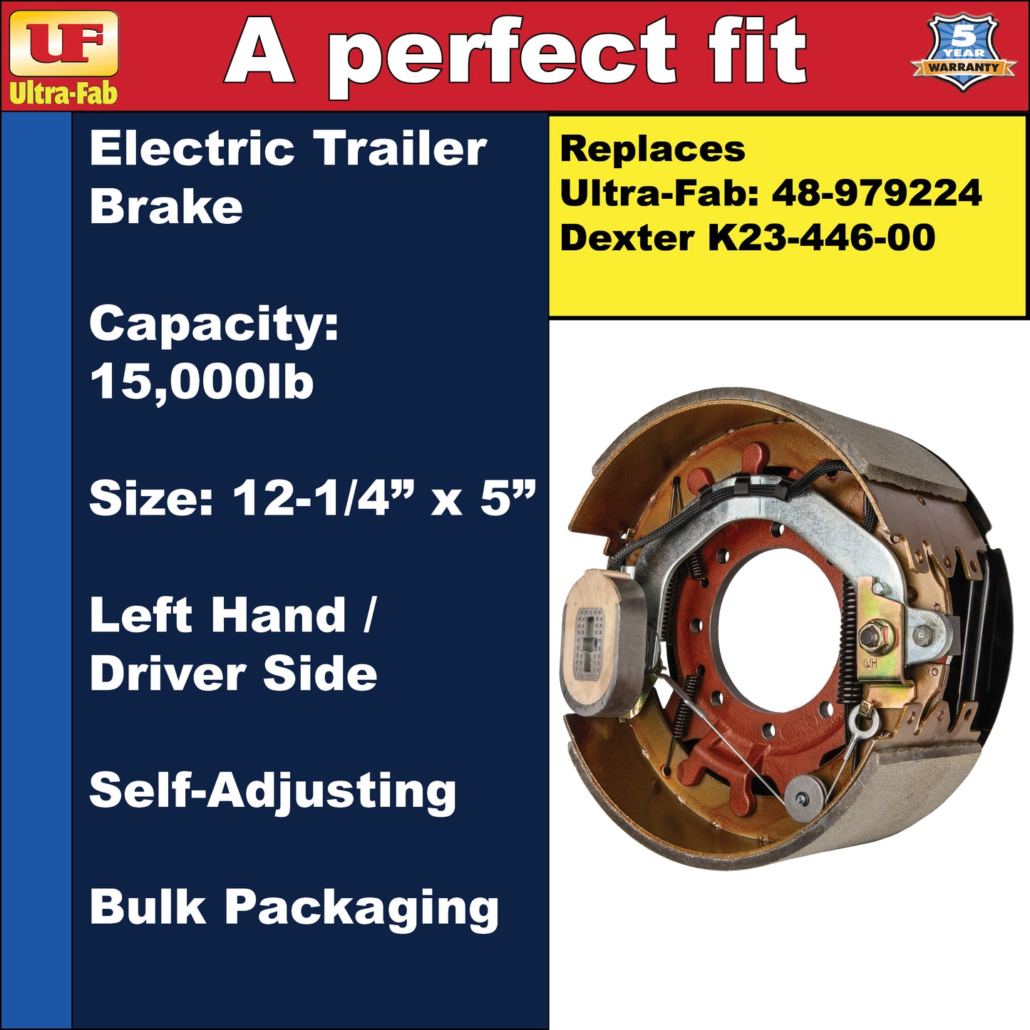 Ultra-Fab Self-Adjusting Trailer Brake Assembly – 12-1/4" x 5", 15,000 lb, Left Hand (Driver Side), Bulk (48-979224)