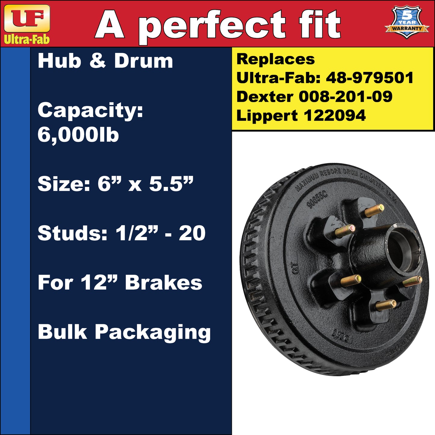 Ultra-Fab Hub & Drum – 6,000 lb, 6 Lug 5.5", 1/2"-20, for 12" Brakes (48-979501)