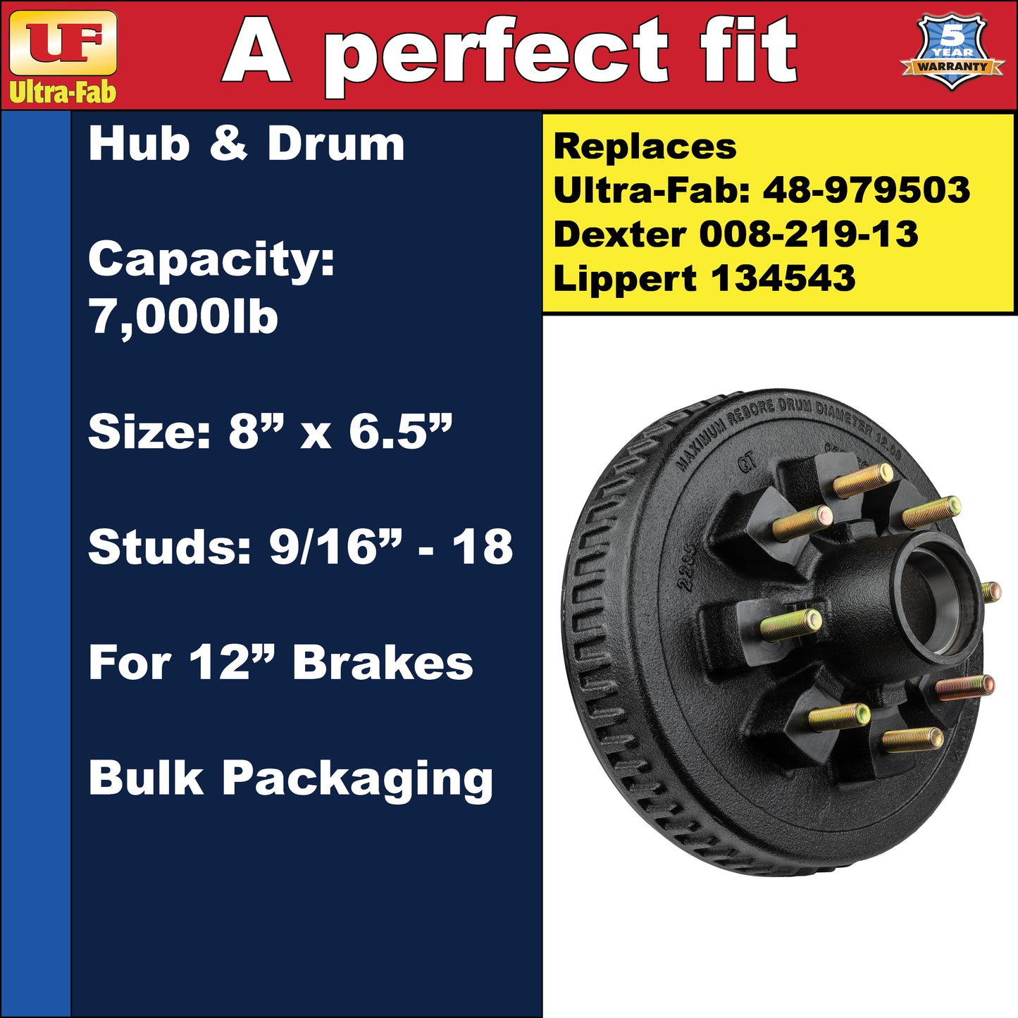 Ultra-Fab Hub & Drum – 7,000 lb, 8 Lug 6.5", 9/16"-18, for 12" Brakes (48-979503)