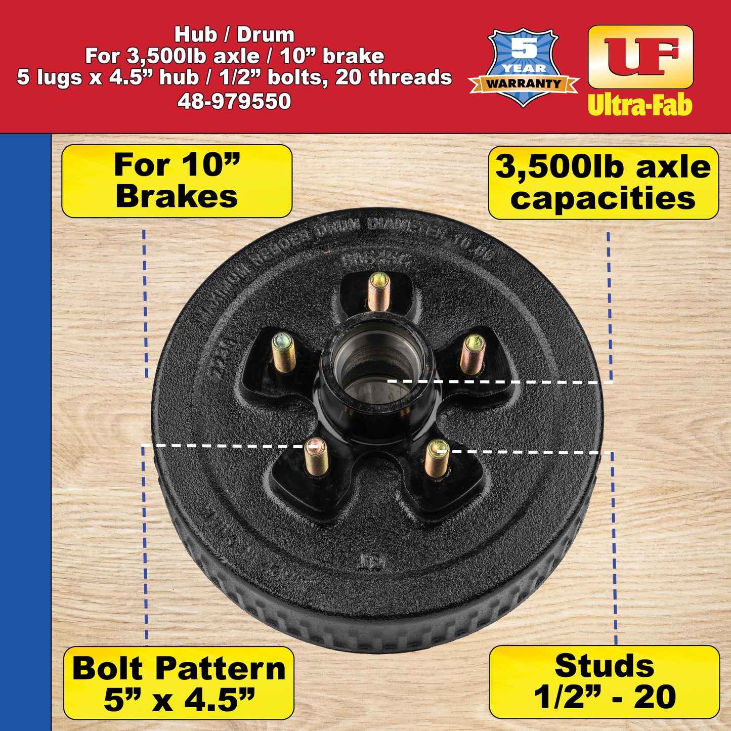 Hub/Drum Assembly - Loaded (3,500 lb. capacity, 5" X 4.5", 1/2"-20, for 10" Brake) 48-979550 (Ultra-Fab Products)
