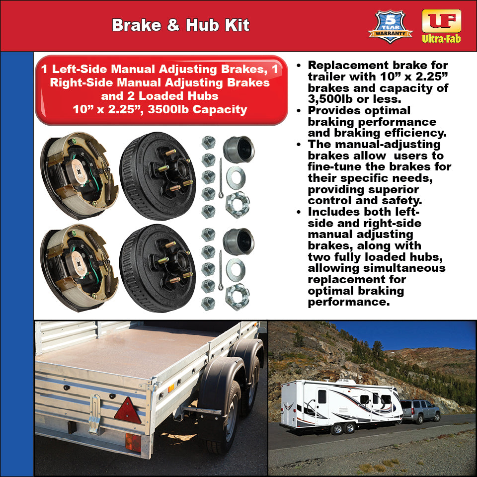 Ultra-Fab Manual-Adjusting Trailer Brake & Hub Kit – 2 Brakes + 2 Loaded Hubs, 10", 3,500 lb Capacity (48-979603)