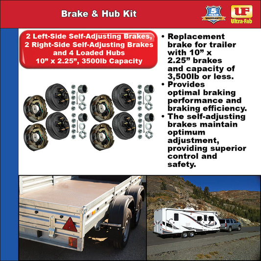 Ultra-Fab Self-Adjusting Trailer Brake & Hub Kit – 4 Brakes + 4 Loaded Hubs, 10", 3,500 lb Capacity (48-979608)