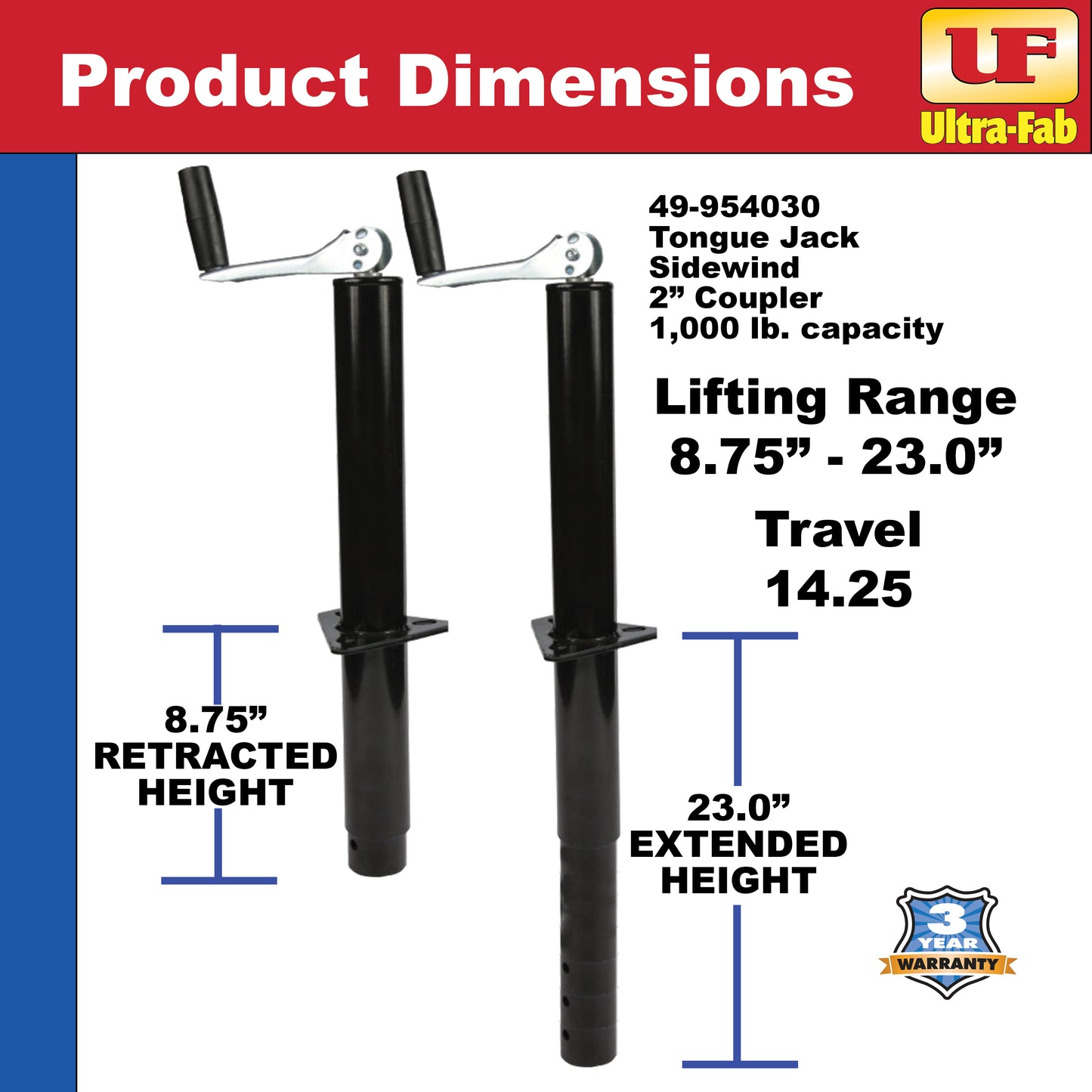 Tongue Jacks (Manual, Sidewind, 1000 lb capacity, 2” tube) 49-954030 (Ultra-Fab Products)