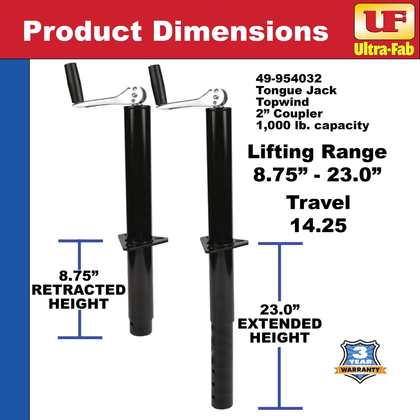 Tongue Jacks (Manual, Topwind, 1000 lb capacity, 2” tube) 49-954032 (Ultra-Fab Products)