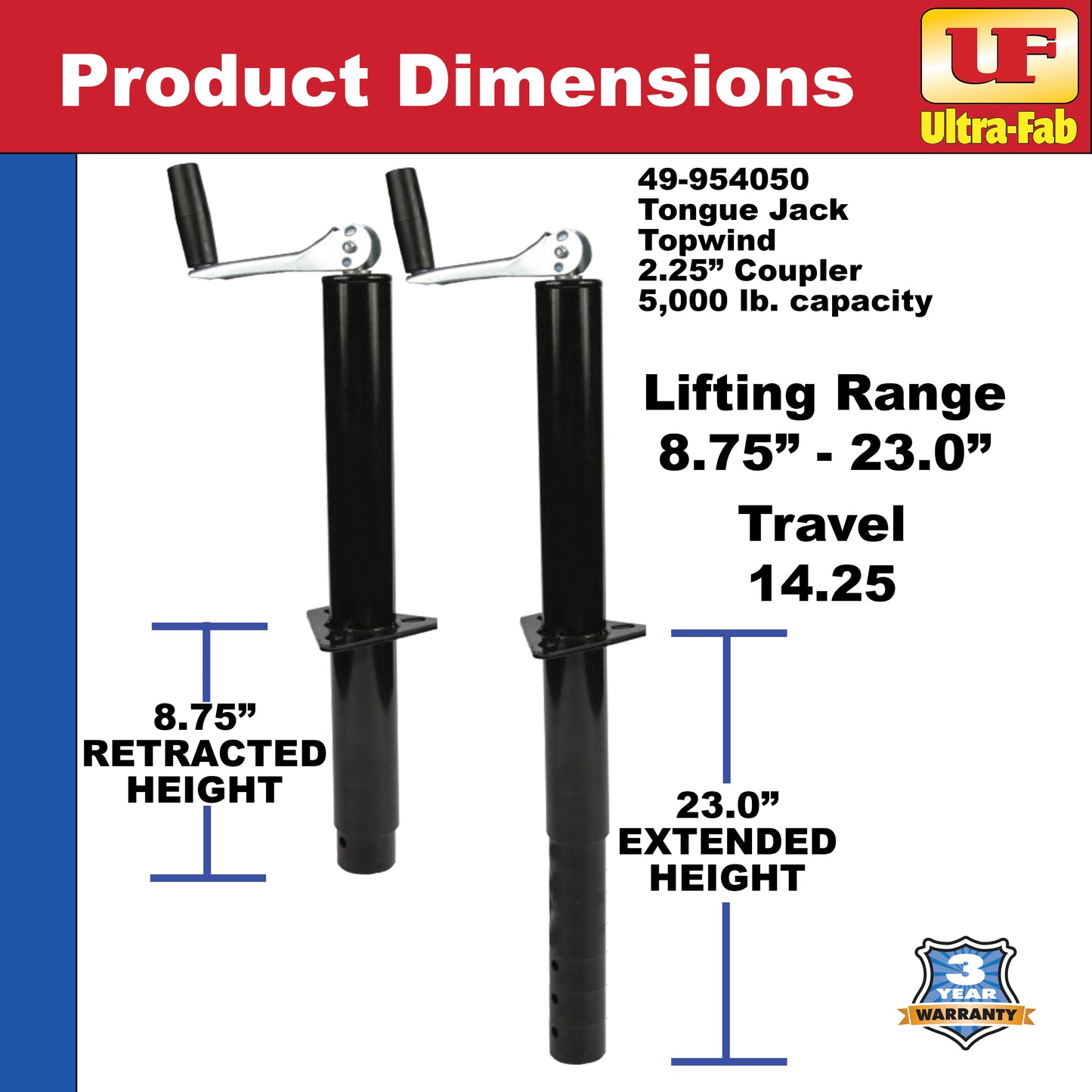 Ultra-Fab Manual Topwind Tongue Jack – 5,000 lb Capacity, 2.25" Tube (49-954050)