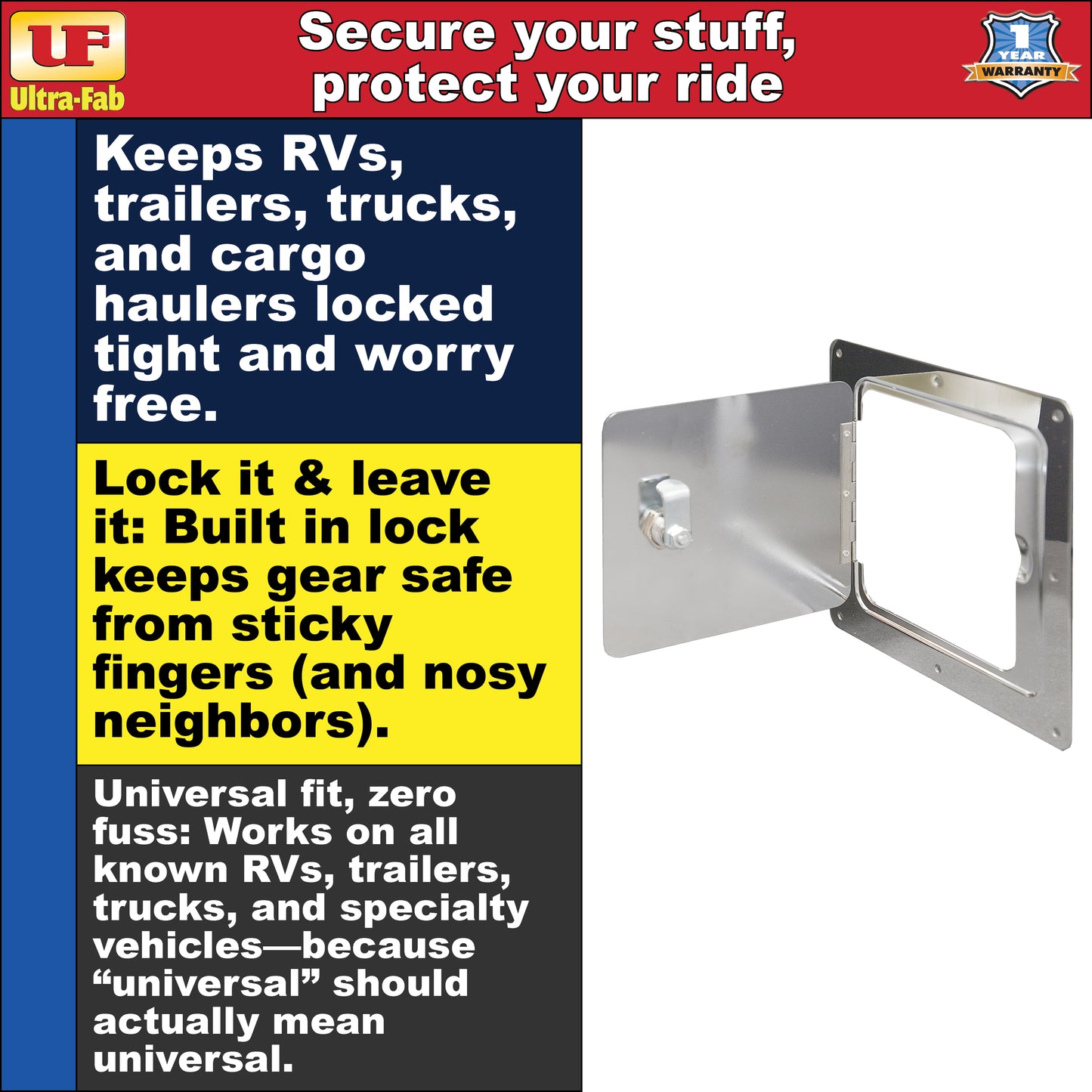 Ultra-Fab Universal RV Access Door – Chrome Finish, Exterior Hatch for Storage & Utility (48-979010)