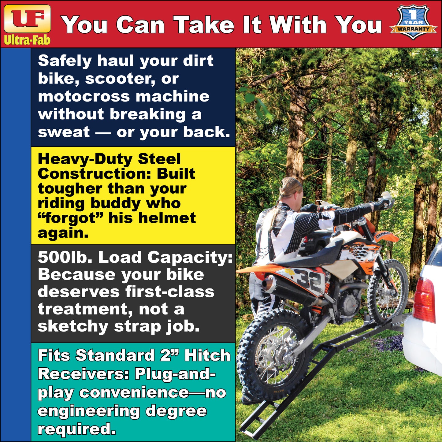 Ultra-Fab MX Hauler – Motorcycle Carrier, Heavy-Duty Hitch Mount (48-979033)