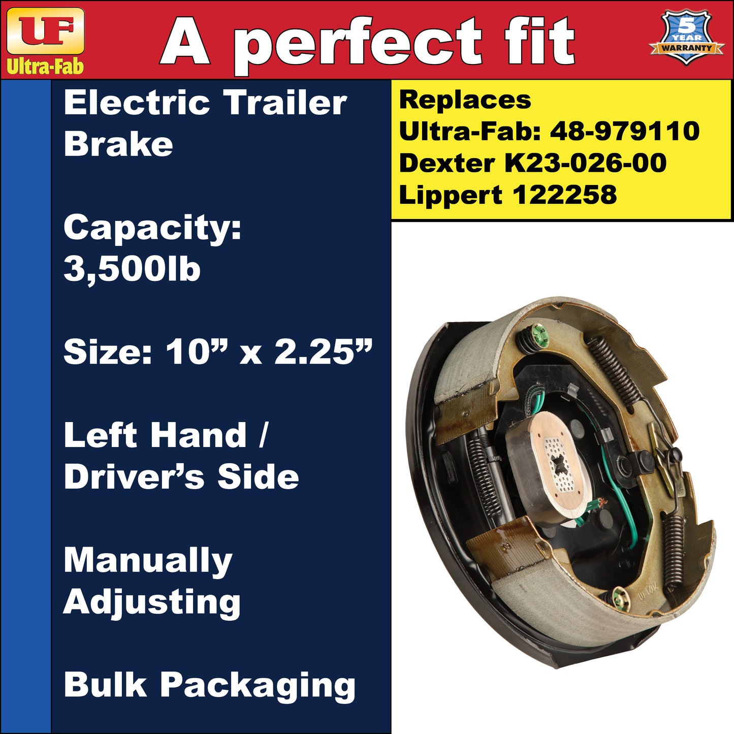 Ultra-Fab Manual-Adjusting Trailer Brake Assembly – 10" x 2.25", 3,500 lb, Left Hand (Driver Side), Bulk (48-979110)