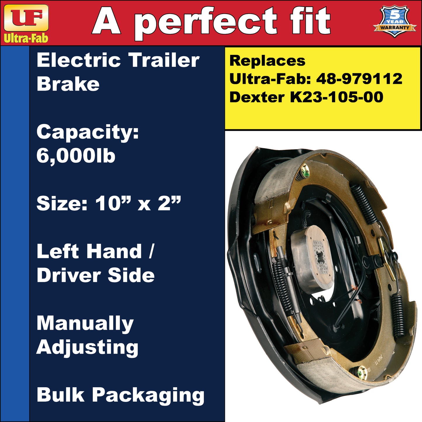 Ultra-Fab Manual-Adjusting Trailer Brake Assembly – 12" x 2", 6,000 lb, Left Hand (Driver Side), Bulk (48-979112)