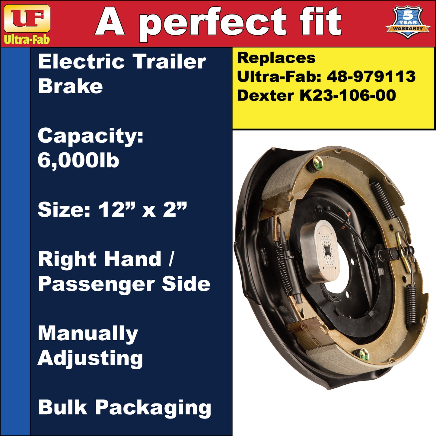 Ultra-Fab Manual-Adjusting Trailer Brake Assembly – 12" x 2", 6,000 lb, Right Hand (Passenger Side), Bulk (48-979113)