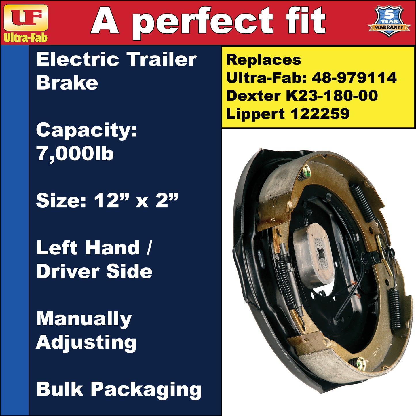 Ultra-Fab Manual-Adjusting Trailer Brake Assembly – 12" x 2", 7,000 lb, Left Hand (Driver Side), Bulk (48-979114)