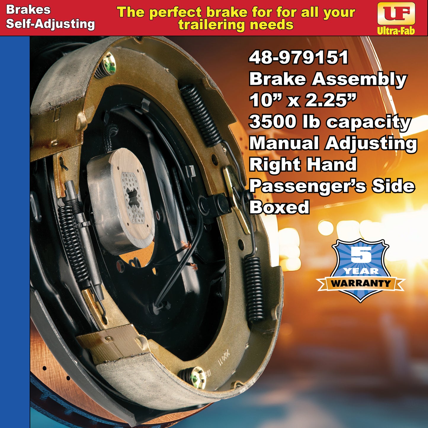 Ultra-Fab Manual-Adjusting Trailer Brake Assembly – 10" x 2.25", 3,500 lb, Right Hand (Passenger Side), Boxed (48-979151)