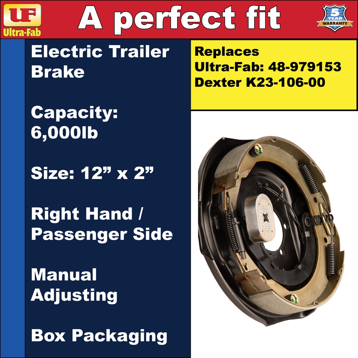 Ultra-Fab Manual-Adjusting Trailer Brake Assembly – 12" x 2", 6,000 lb, Right Hand (Passenger Side), Boxed (48-979153)