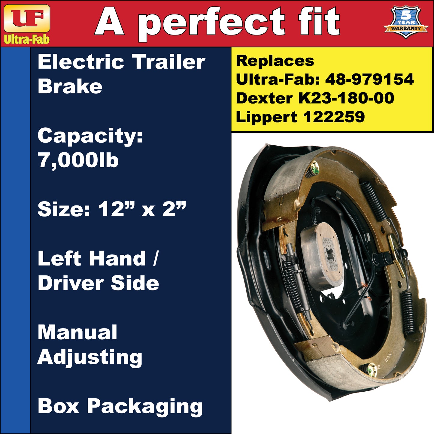 Ultra-Fab Manual-Adjusting Trailer Brake Assembly – 12" x 2", 7,000 lb, Left Hand (Driver Side), Boxed (48-979154)