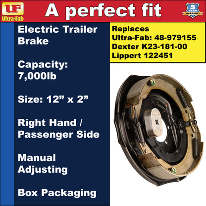 Ultra-Fab Manual-Adjusting Trailer Brake Assembly – 12" x 2", 7,000 lb, Right Hand (Passenger Side), Boxed (48-979155)