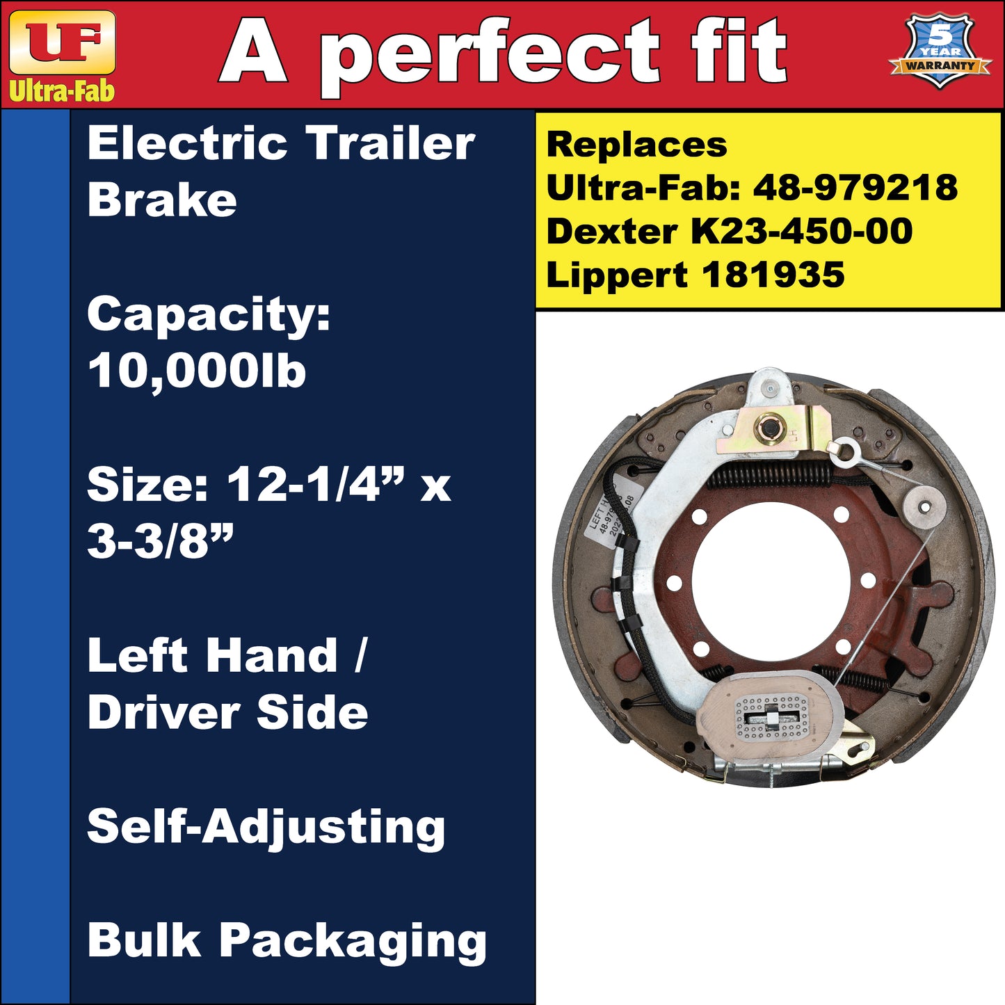 Ultra-Fab Self-Adjusting Trailer Brake Assembly – 12-1/4" x 3-3/8", 10,000 lb, Left Hand (Driver Side), Bulk (48-979218)