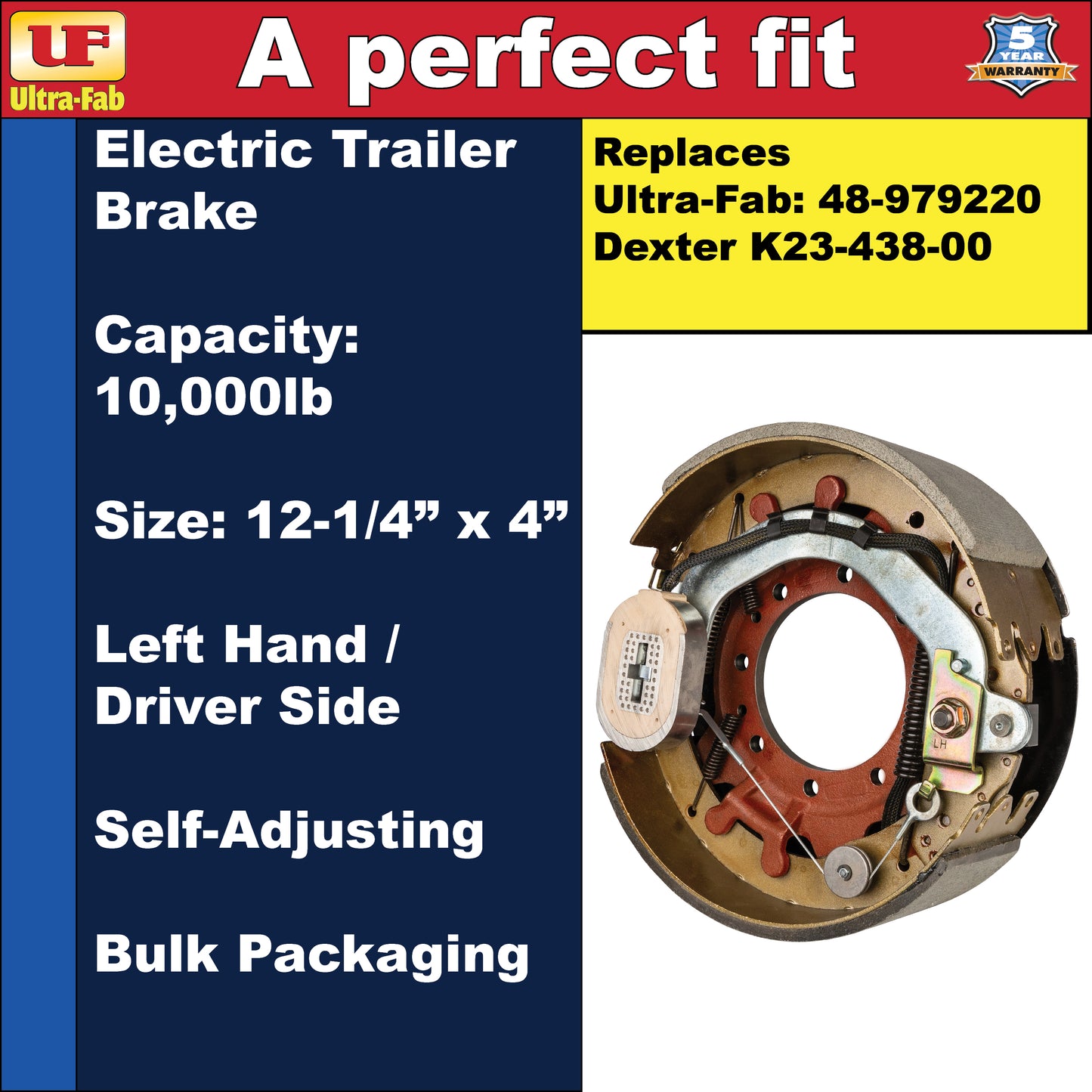 Ultra-Fab Self-Adjusting Trailer Brake Assembly – 12-1/4" x 4", 10,000 lb, Left Hand (Driver Side), Bulk (48-979220)