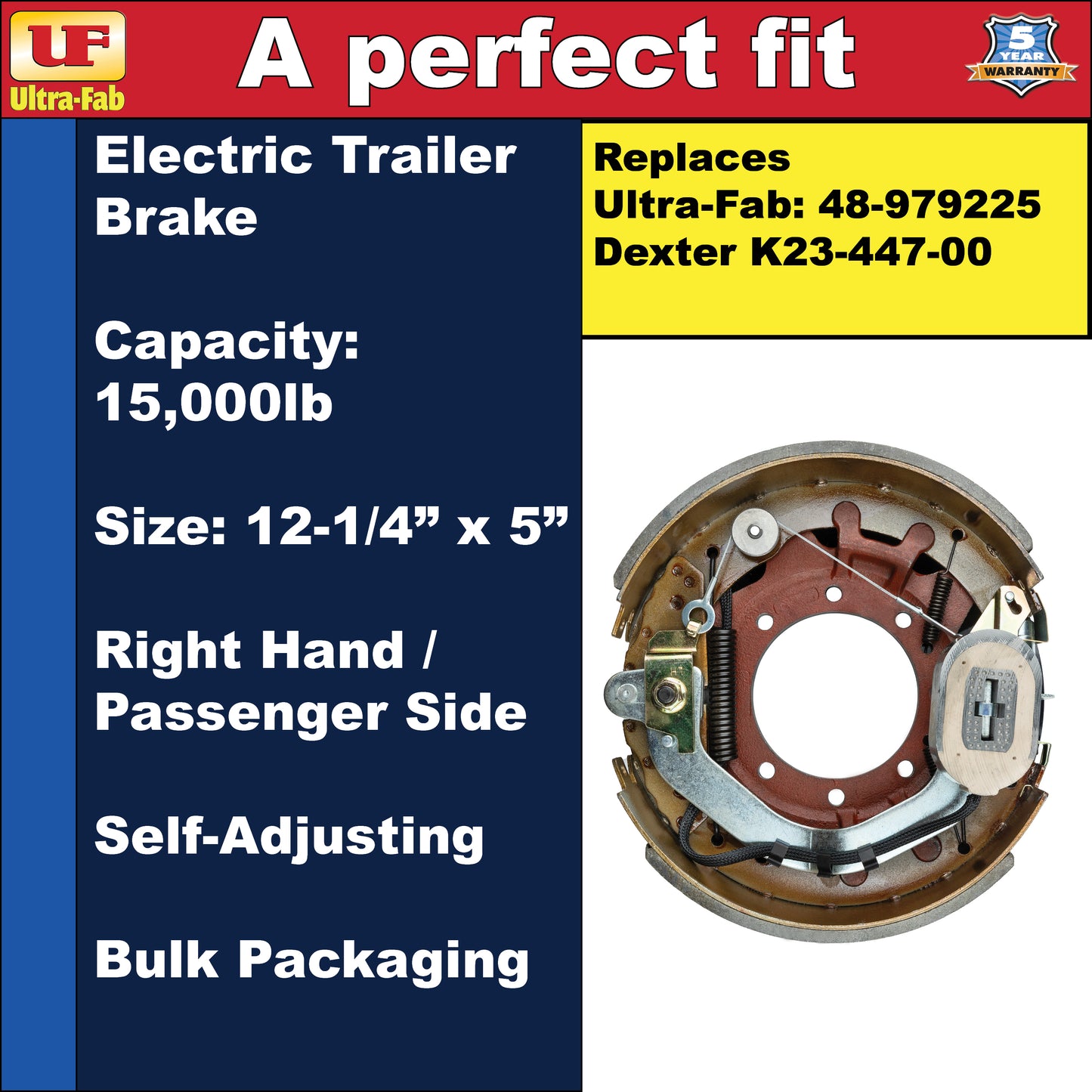 Ultra-Fab Self-Adjusting Trailer Brake Assembly – 12-1/4" x 5", 15,000 lb, Right Hand (Passenger Side), Bulk (48-979225)