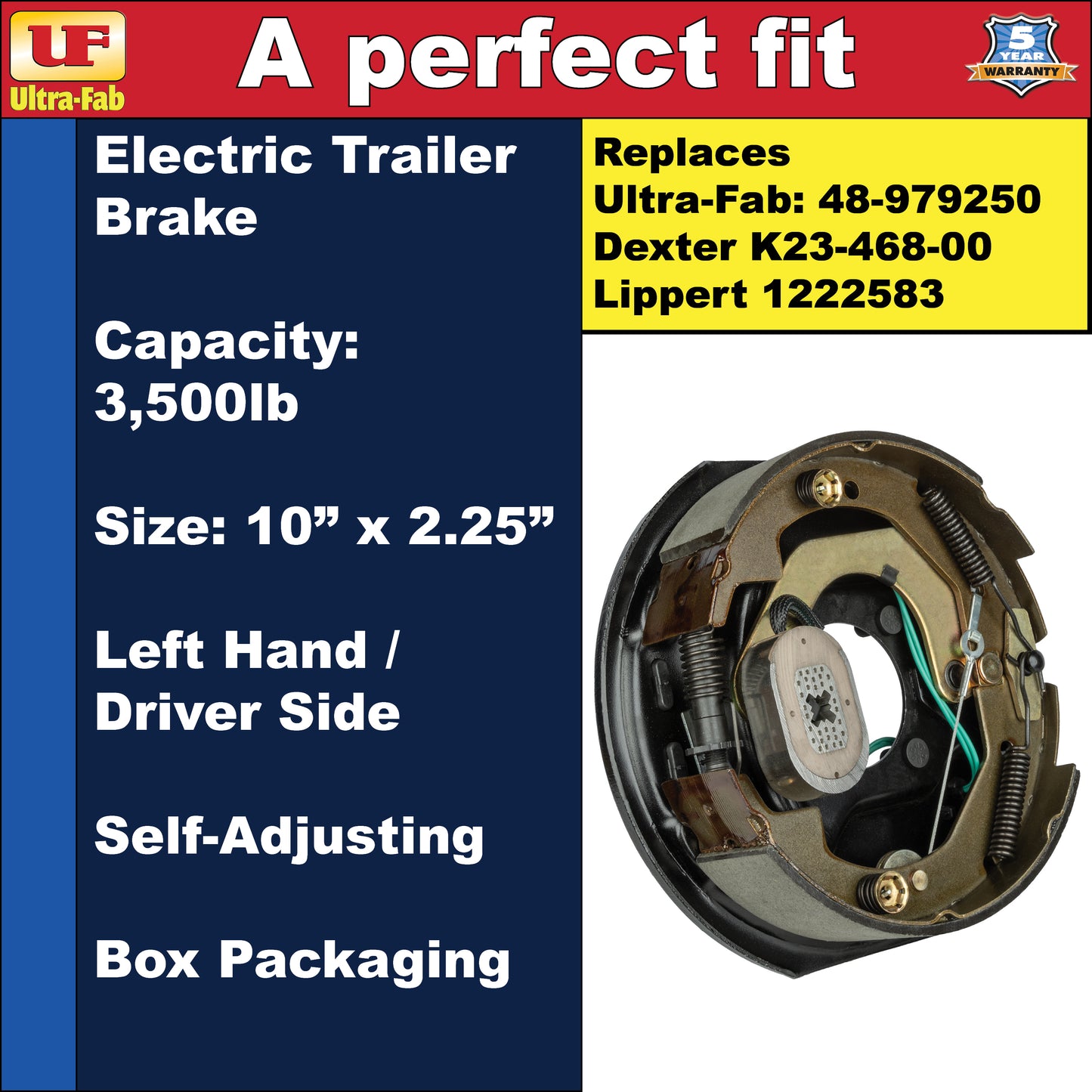 Ultra-Fab Self-Adjusting Trailer Brake Assembly – 10" x 2.25", 3,500 lb, Left Hand (Driver Side), Boxed (48-979250)