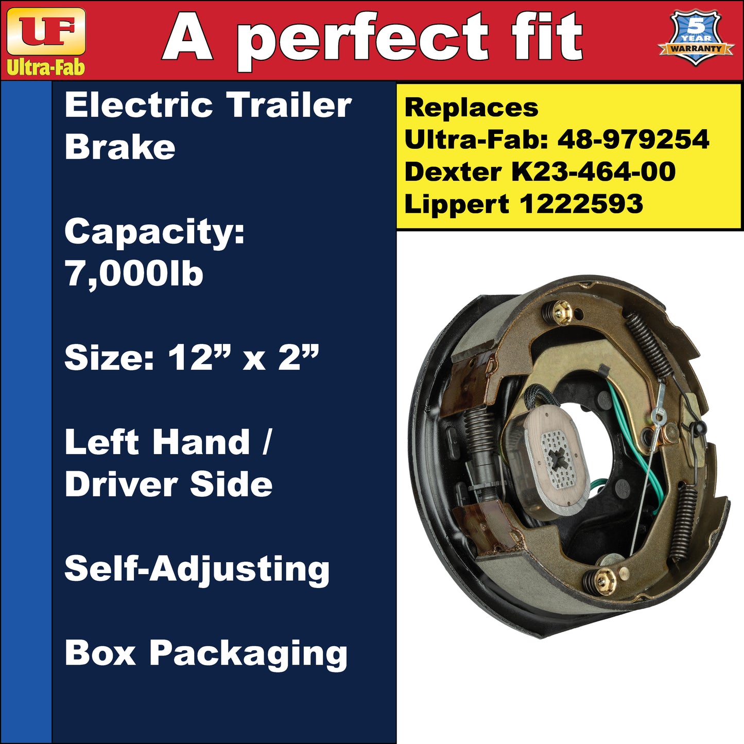 Self-Adjusting Trailer Brake Assembly – 12" x 2", 7,000lb, Left Hand (Driver Side), Boxed (48-979254) (Ultra-Fab Products)
