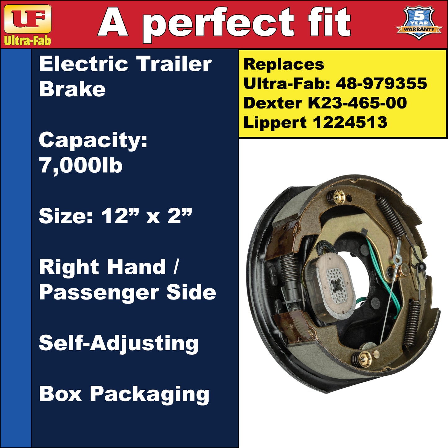 Self-Adjusting Trailer Brake Assembly – 12" x 2", 7,000lb, Right Hand / Passenger Side, Boxed (48-979255) (Ultra-Fab Products)