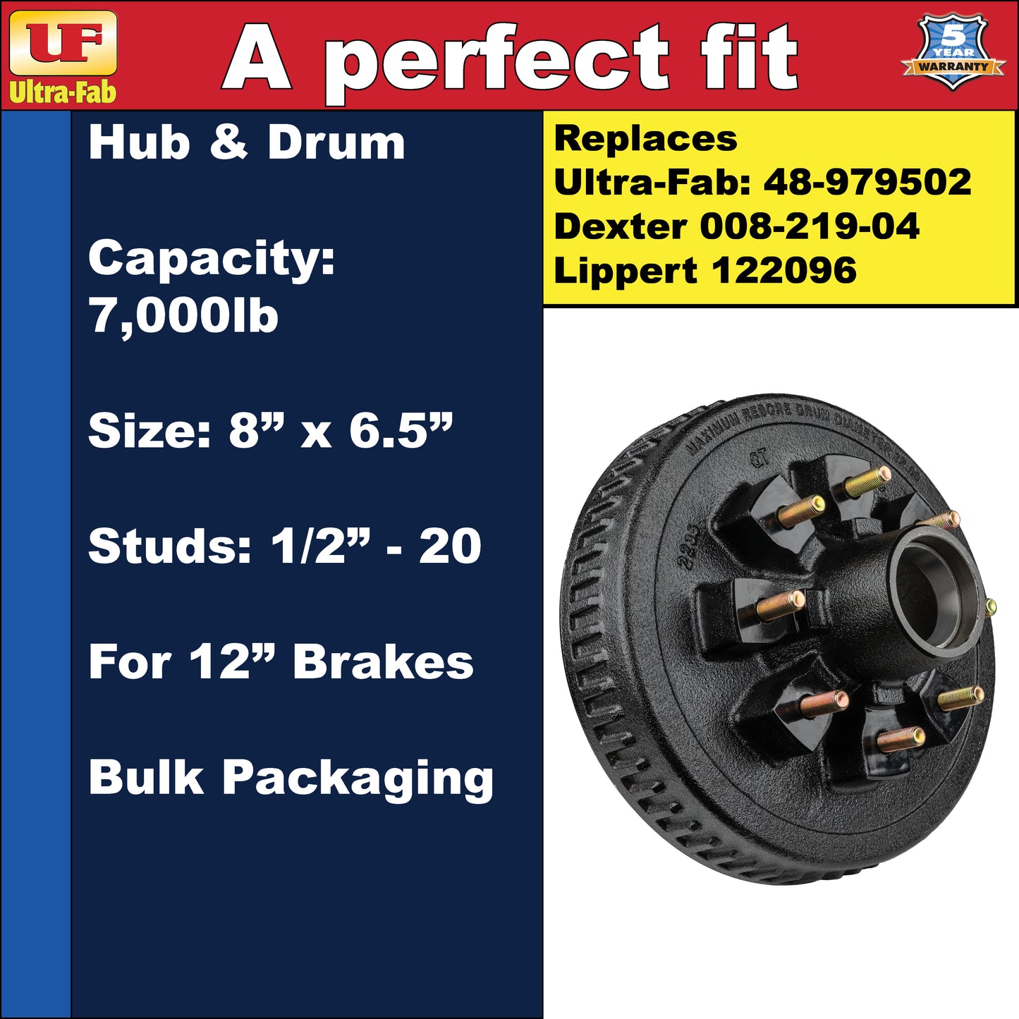 Ultra-Fab Hub & Drum – 7,000 lb, 8 Lug 6.5", 1/2"-20, for 12" Brakes (48-979502)