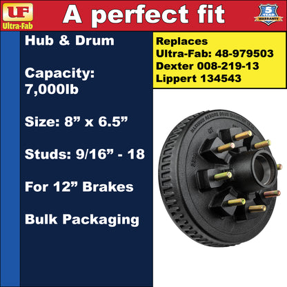 Ultra-Fab Hub & Drum – 7,000 lb, 8 Lug 6.5", 9/16"-18, for 12" Brakes (48-979503)