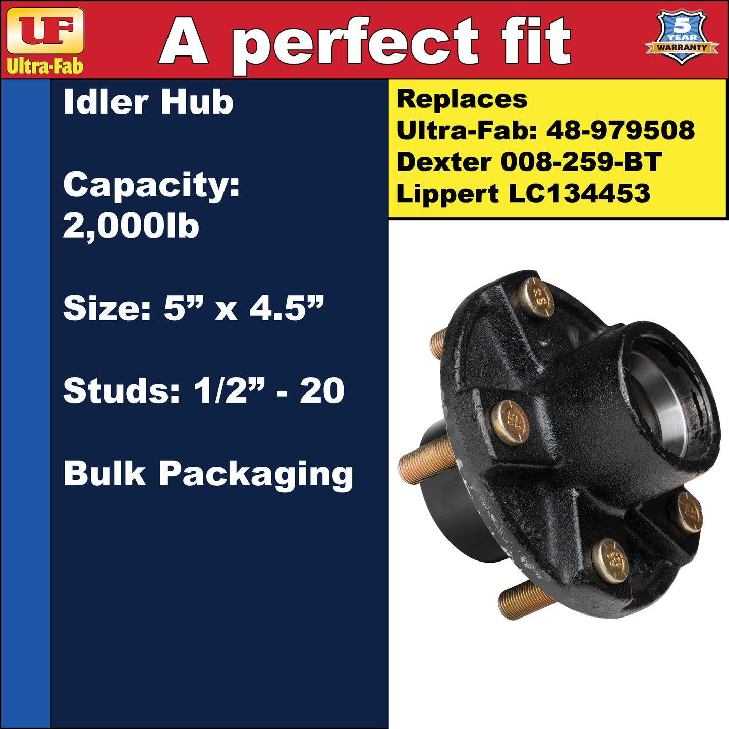 Ultra-Fab Idler Hub – 2,000 lb, 5 Lug 4.5", 1/2"-20 (48-979508)