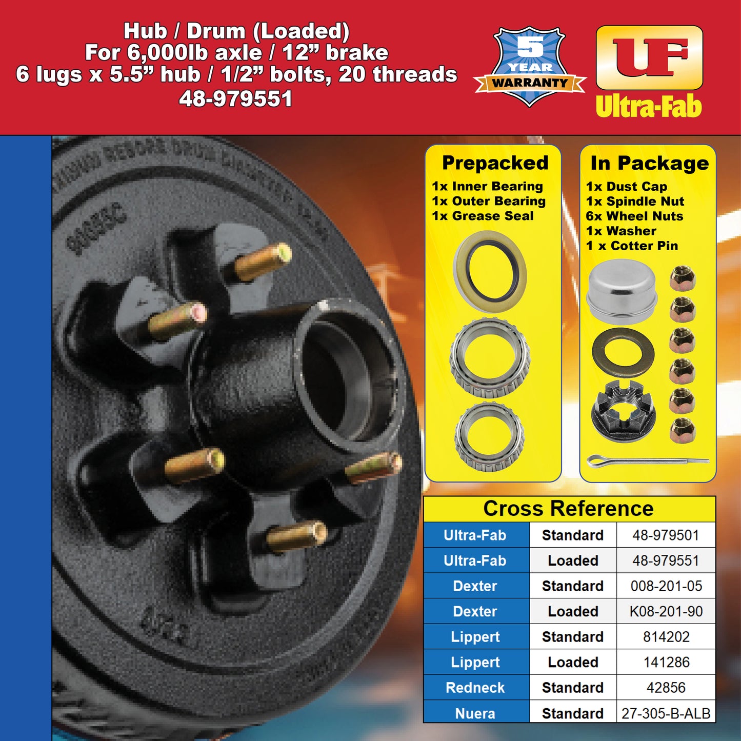 Hub/Drum Assembly - Loaded (6,000 lb. capacity, 6" X 5.5", 1/2"-20, for 12" Brake) 48-979551 (Ultra-Fab Products)