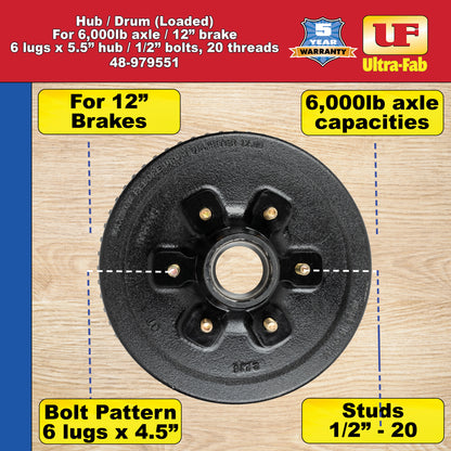 Hub/Drum Assembly - Loaded (6,000 lb. capacity, 6" X 5.5", 1/2"-20, for 12" Brake) 48-979551 (Ultra-Fab Products)