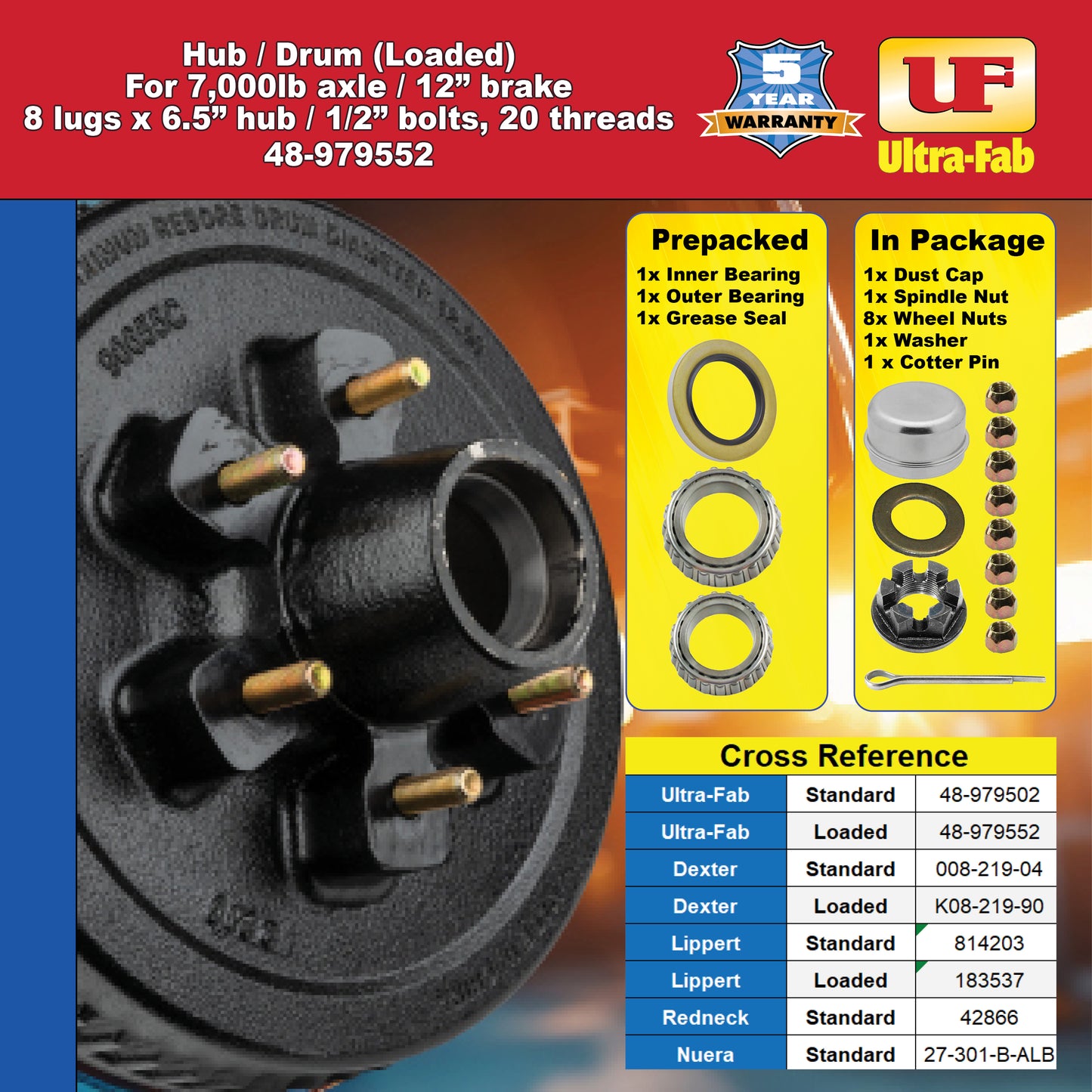 Hub/Drum Assembly - Loaded (7000 lb. capacity, 8" X 6.5", 1/2"-20, for 12" Brake) 48-979552 (Ultra-Fab Products)