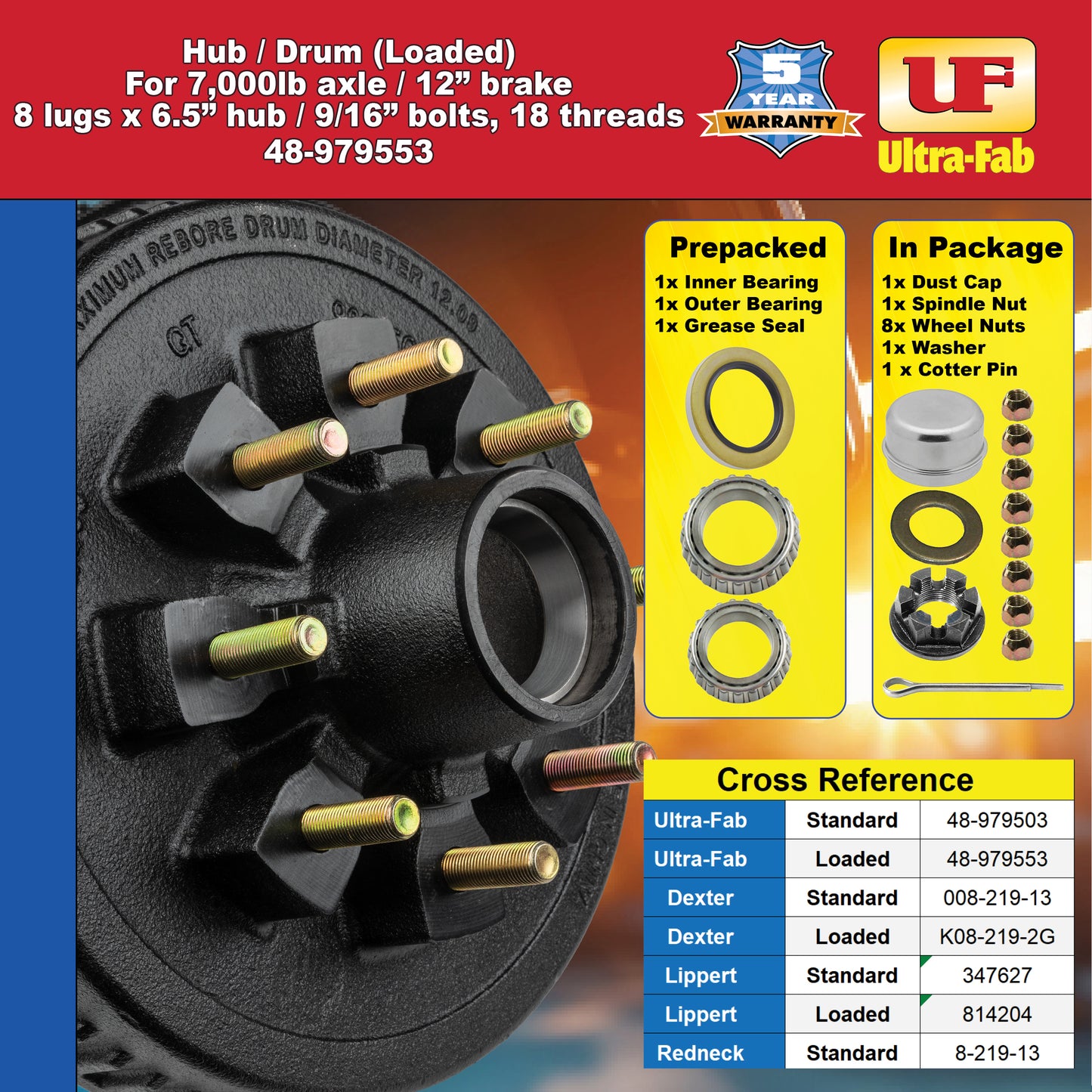 Hub/Drum Assembly - Loaded (7,000 lb. capacity, 8" X 6.5", 9/16"-18, for 12" Brake) 48-979553 (Ultra-Fab Products)