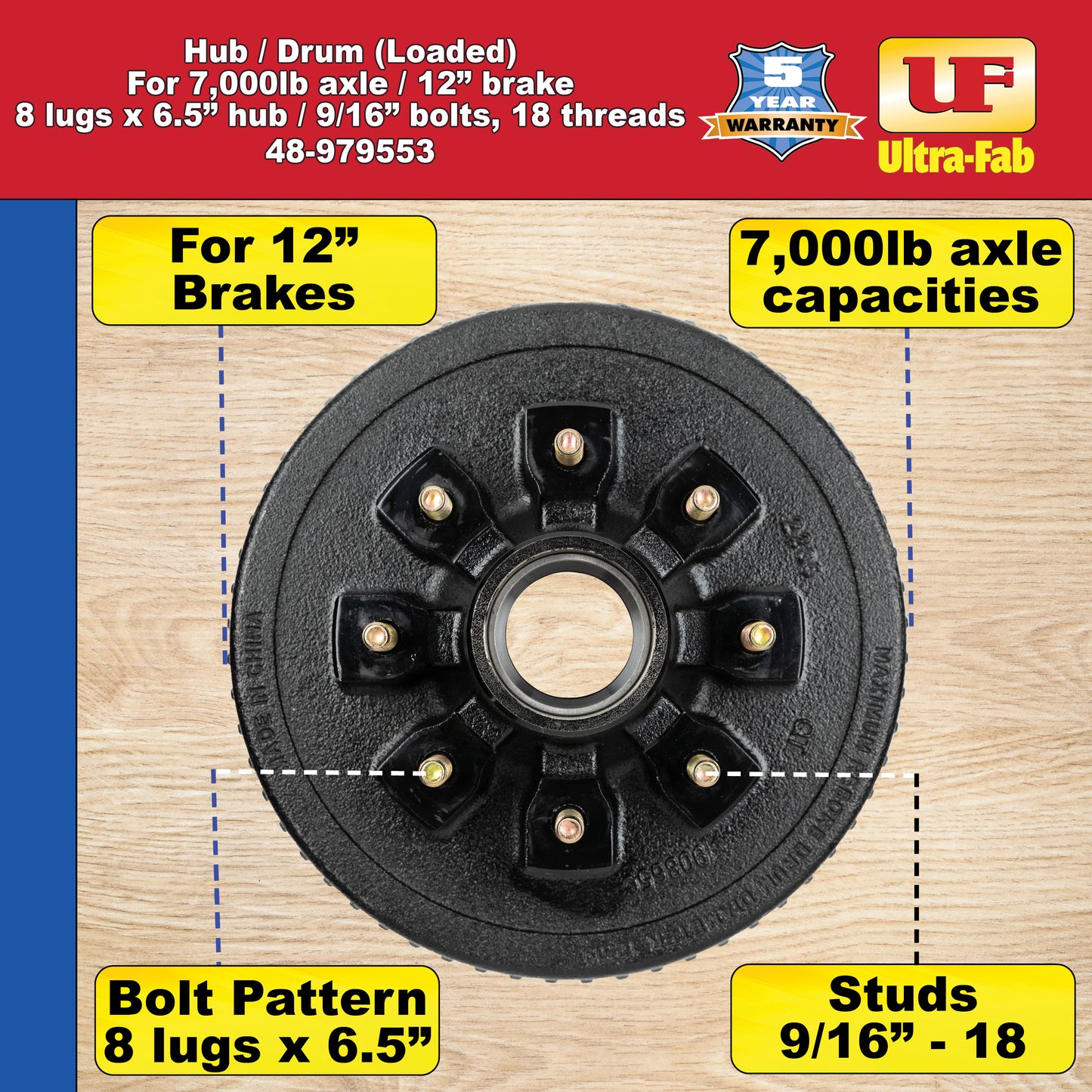 Hub/Drum Assembly - Loaded (7,000 lb. capacity, 8" X 6.5", 9/16"-18, for 12" Brake) 48-979553 (Ultra-Fab Products)