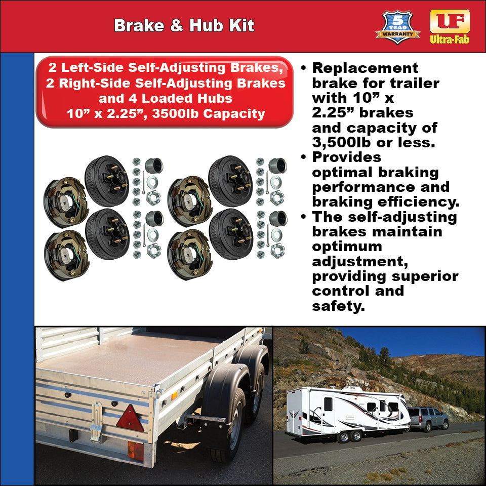 Ultra-Fab Self-Adjusting Trailer Brake & Hub Kit – 4 Brakes + 4 Loaded Hubs, 10", 3,500 lb Capacity (48-979608)