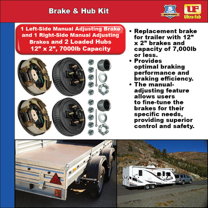 Ultra-Fab Manual-Adjusting Trailer Brake & Hub Kit – 2 Brakes + 2 Loaded Hubs, 12", 7,000 lb Capacity (48-979611)