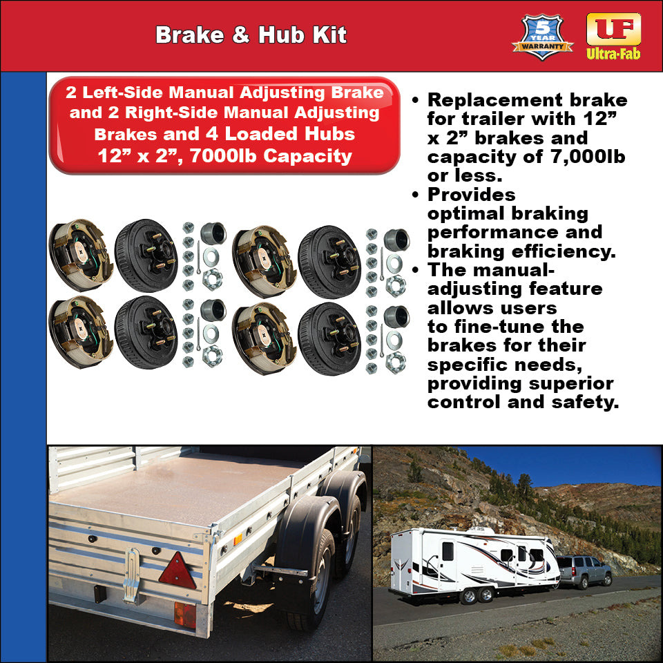 Ultra-Fab Manual-Adjusting Trailer Brake & Hub Kit – 4 Brakes + 4 Loaded Hubs, 12", 7,000 lb Capacity (48-979612)