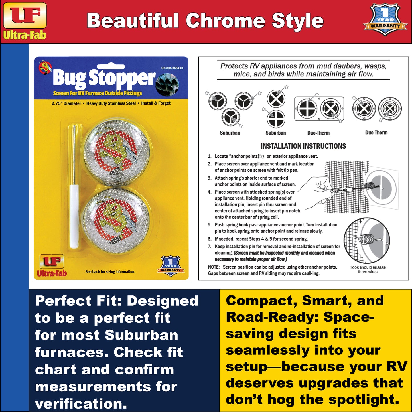 Ultra-Fab Bug Stopper – Fits DuoTherm & Suburban Furnace, 2-Pack (53-945110)